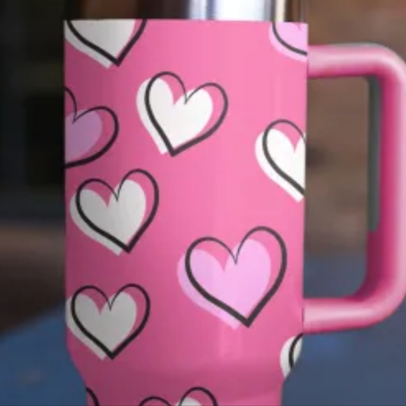 ❤️ Last TWO! NEW Rose Red Valentines Heart Printed Thermos Cup with Handle 40oz - Picture 3 of 3
